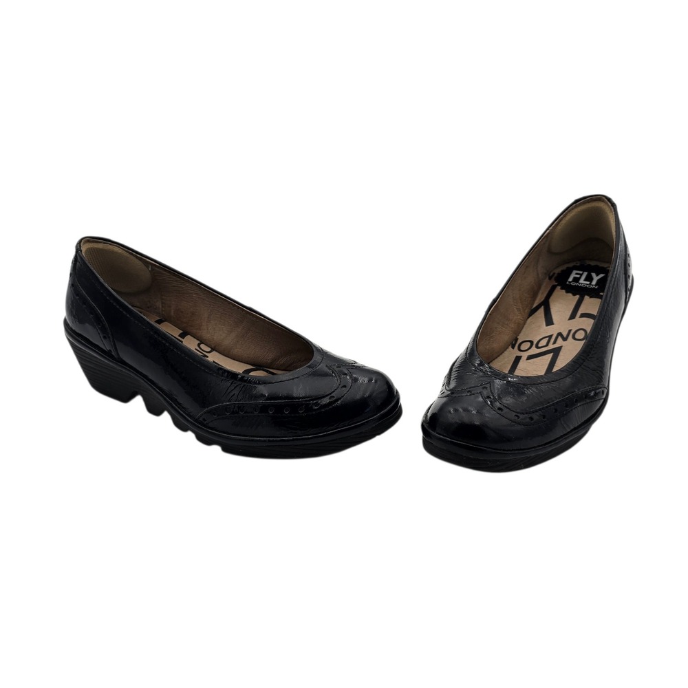 Fly London Womens Black Patent Leather Wedge Pumps Comfort Sole‎ EU 37 US 6.5